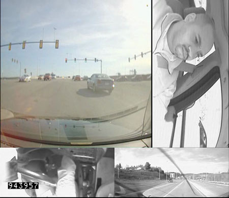 A four-camera view of a study participant in an instrumented vehicle